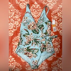 Kona Sol Tropical Floral One Piece Swimsuit - Light Blue and Green